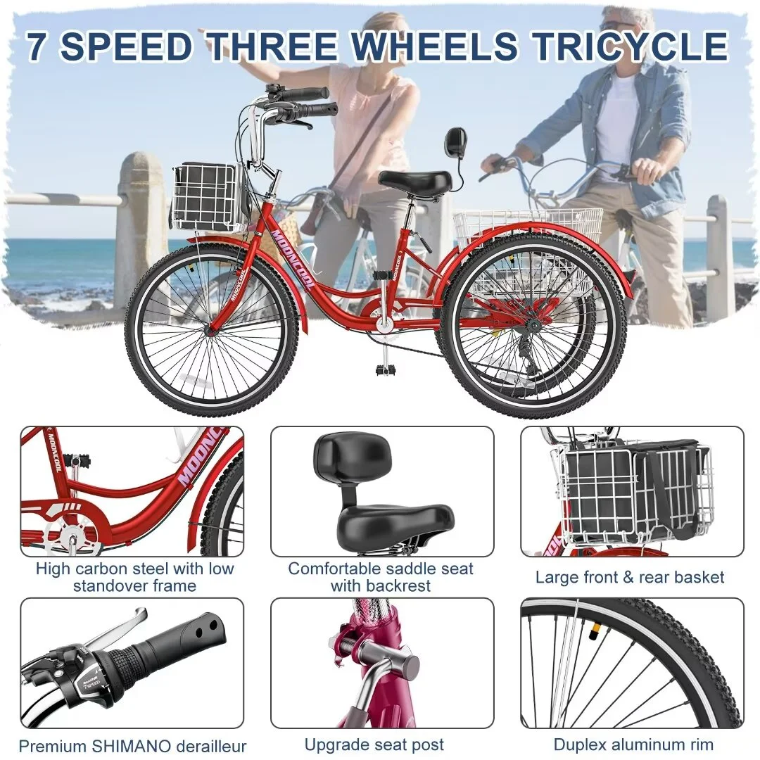 Docred Adult Tricycle 7 Speed 24 Inch Three Wheel Bike Cruiser Trike for Men/Women/Seniors