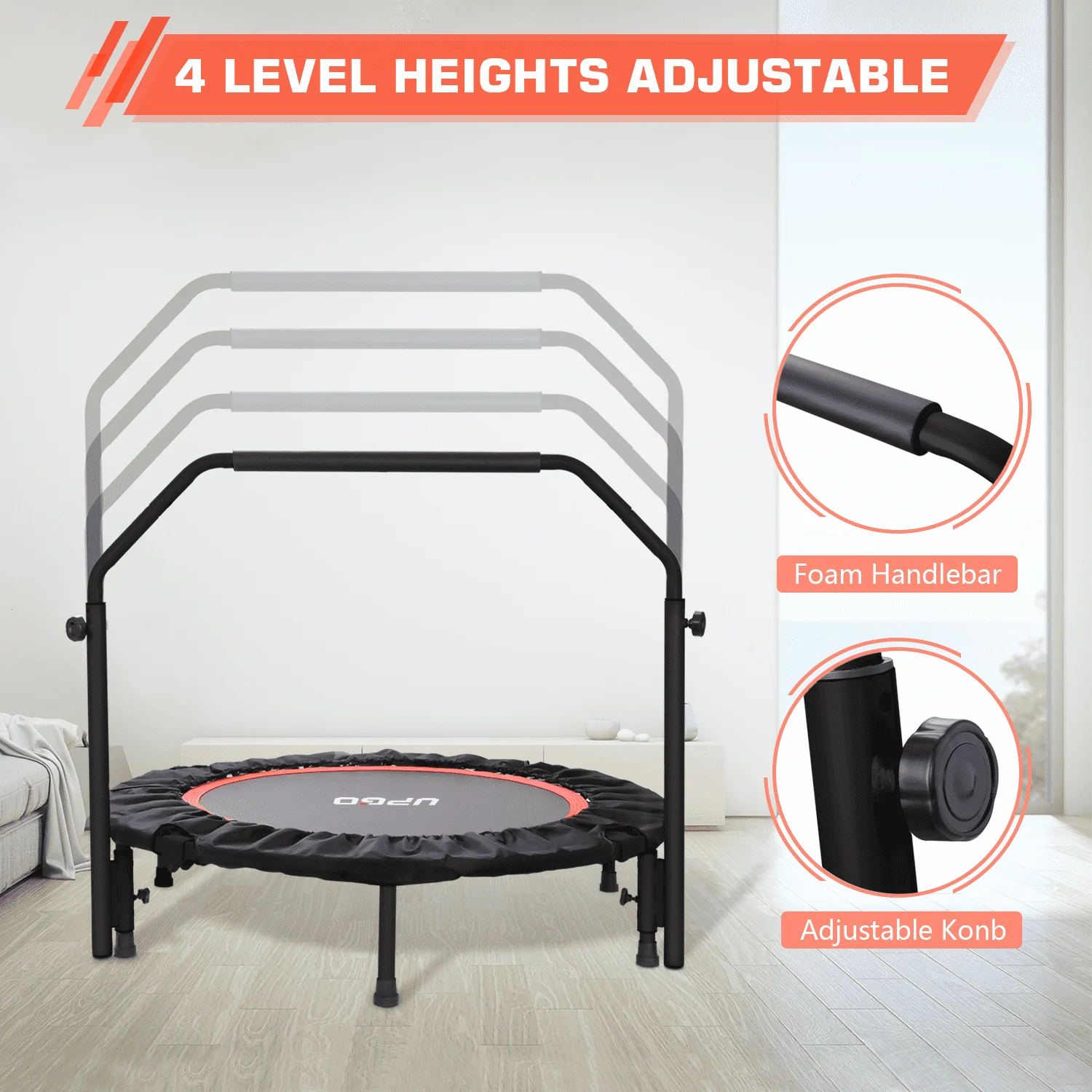 UPGO 40 Foldable Trampoline, Fitness Rebounder with Adjustable Foam Handle, Exercise Trampoline for Adults Indoor/Garden Workout Max Load 330lbs