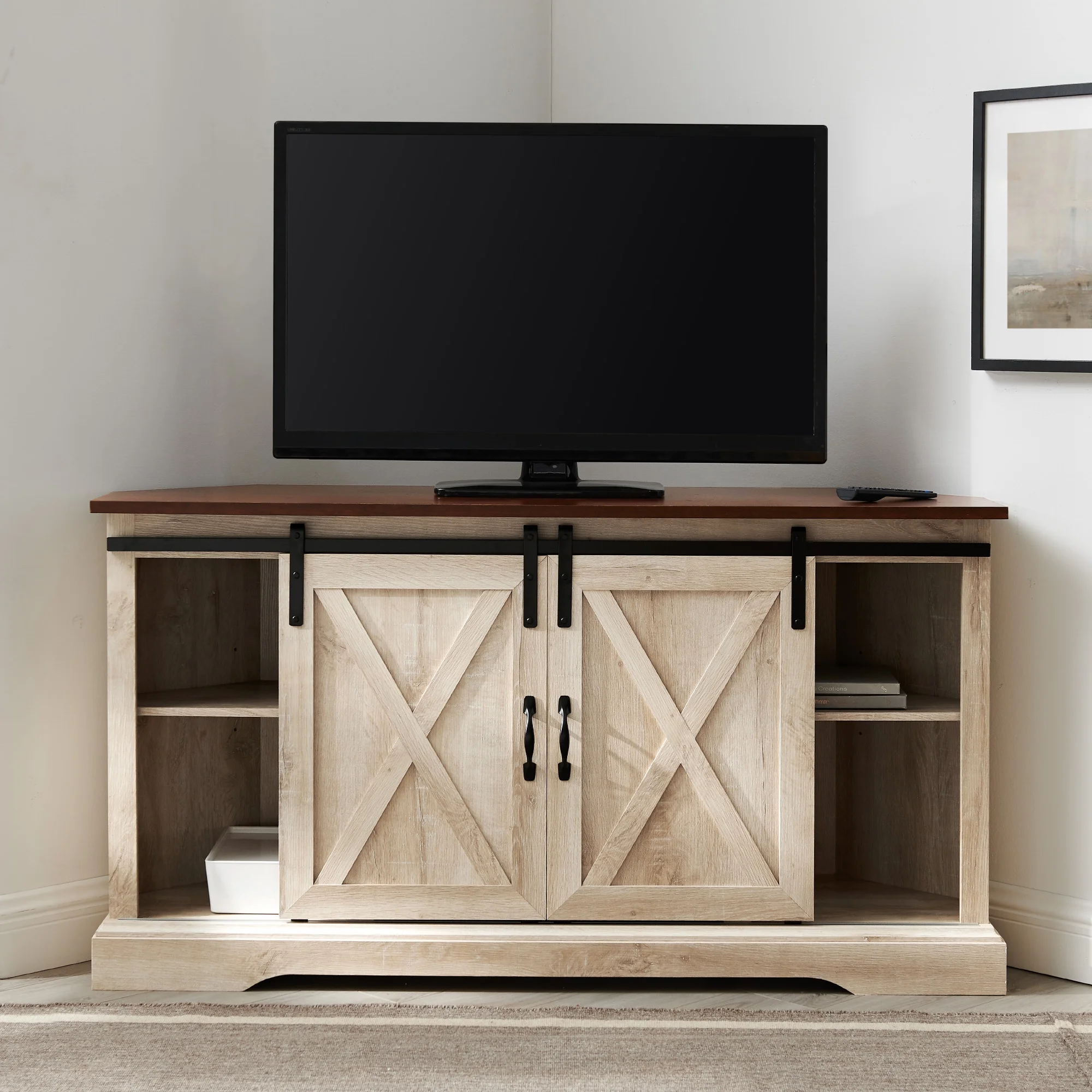 Walker Edison Modern Farmhouse Sliding Door Corner TV Stand, White Oak
