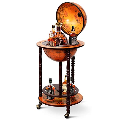 Byroce Globe Bar Cart, Wood Wine Bar Cabinet with Wheels & Liquor Bottle Shelf, Italian Replica Liquor Cabinet for Bar, Home, Dining Room