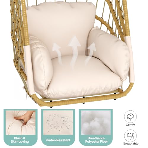 YITAHOME Hanging Egg Chair Without Stand, Rattan Wicker Swing Egg Chair with Light String & Resistant Cushion, 300lbs Capacity