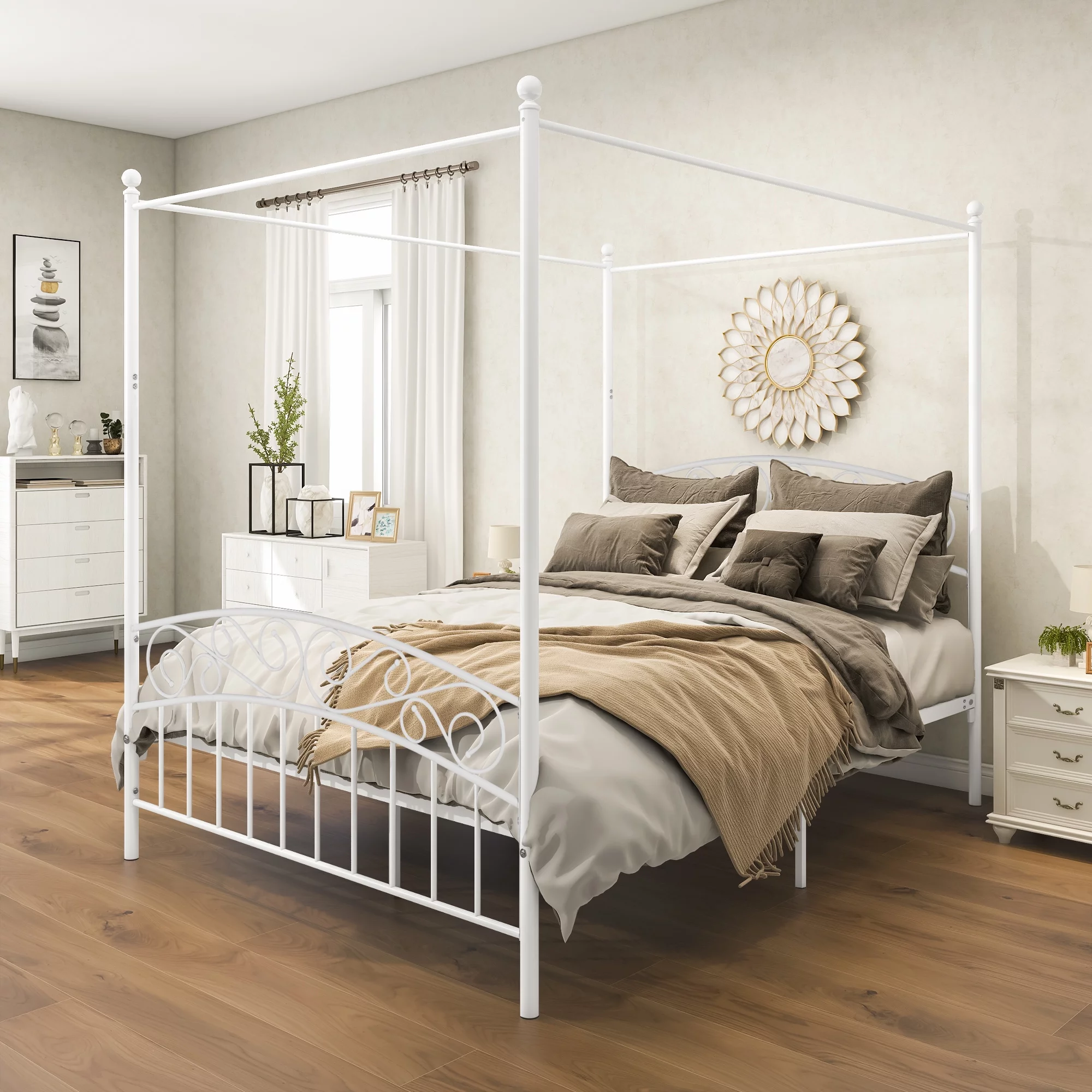 Canopy Bed Frame Queen Size Black Metal 4 Poster Mattress Foundation Modern Post Corner with Headboard for Girls Adults