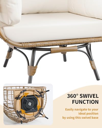 Oversize 360°Swivel Egg Chair Patio Rotating Rattan Egg Basket Lounge Chair, Wicker Egg-Shaped Chair w/Steel Frame Stand and 4 Cushions for Patio