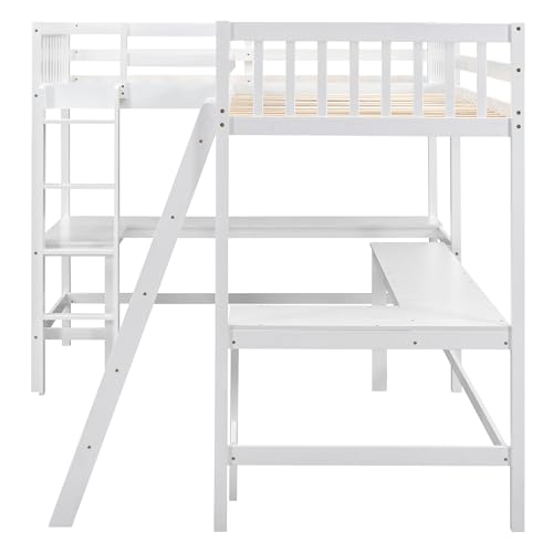 L-Shaped Loft Bed, Wood Twin Size Loft Bed with Desk, L Shaped Beds with Ladder & 2 L-Shaped Desks, Corner Twin Beds for Teens, Adults