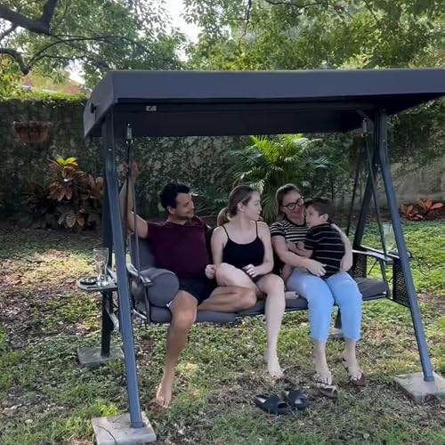 PURPLE LEAF Outdoor Patio Porch Swing with Adjustable PVC Canopy, 3-seat Swing Chair Bench with Side Cup Holder for Backyard Front Porch Lawn
