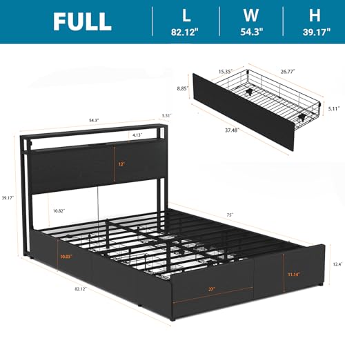Full Size Bed Frame with Headboard, LED Platform Bed with 4 Storage Drawers, Built in Charging Station, Noise-Free, Metal Support Base