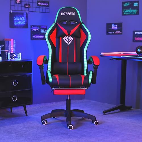 HOFFREE RGB Gaming Chair with Speakers Massage Computer Gaming Chair with LED Lights and Footrest High Back Video Game Chair for Adults Blue and Black