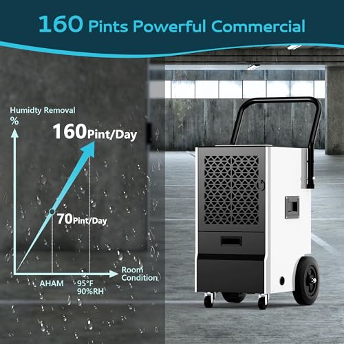 EUHOMY 160 Pints Commercial Dehumidifier for Basement,Large Dehumidifier for Basement With Drain Hose,Timer and 4 Wheels