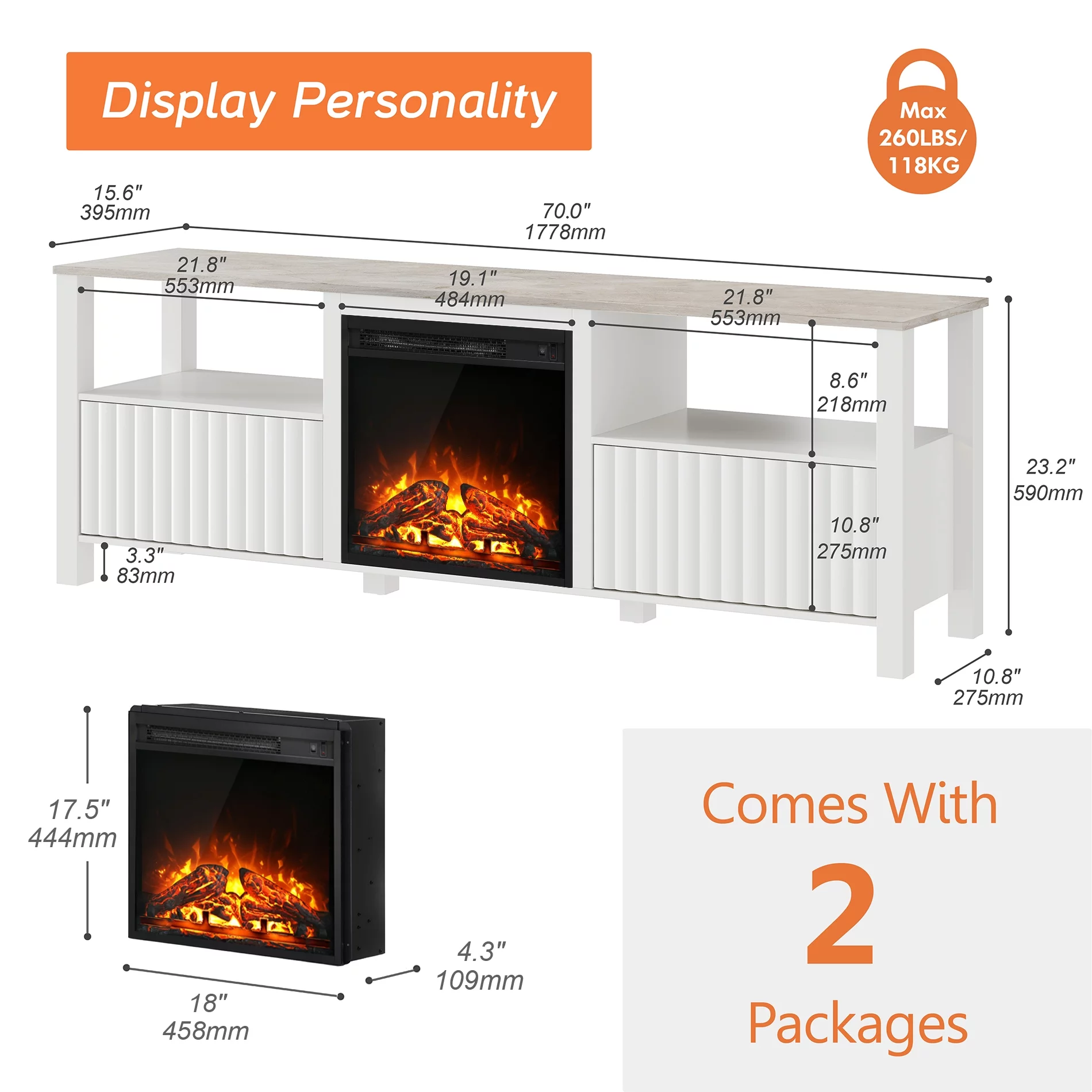 Fireplace TV Stand for TV's up to 75 Inch, LED Entertainment Center for 75 inch TV with Electric Fireplace for Living Room Bedroom, 70 inch, White