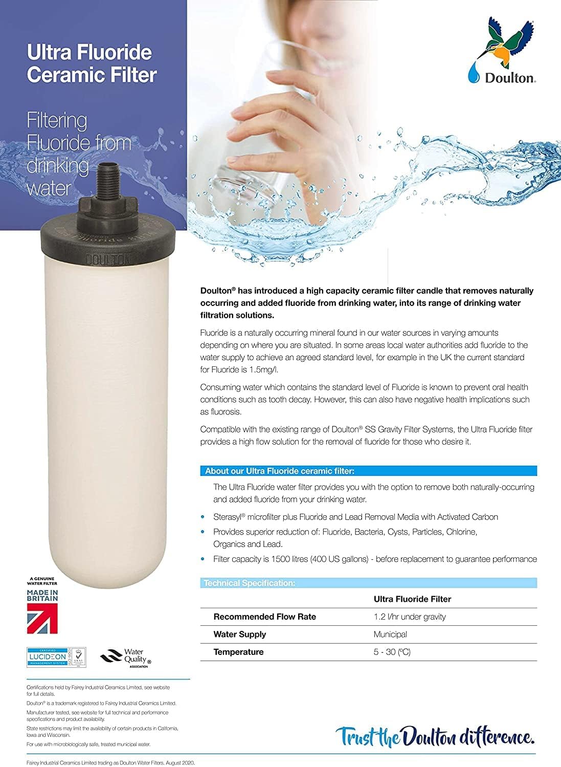 British Berkefeld Doulton W9120133 Ultra Fluoride Ceramic Drinking Water Filter Candle Cartridge