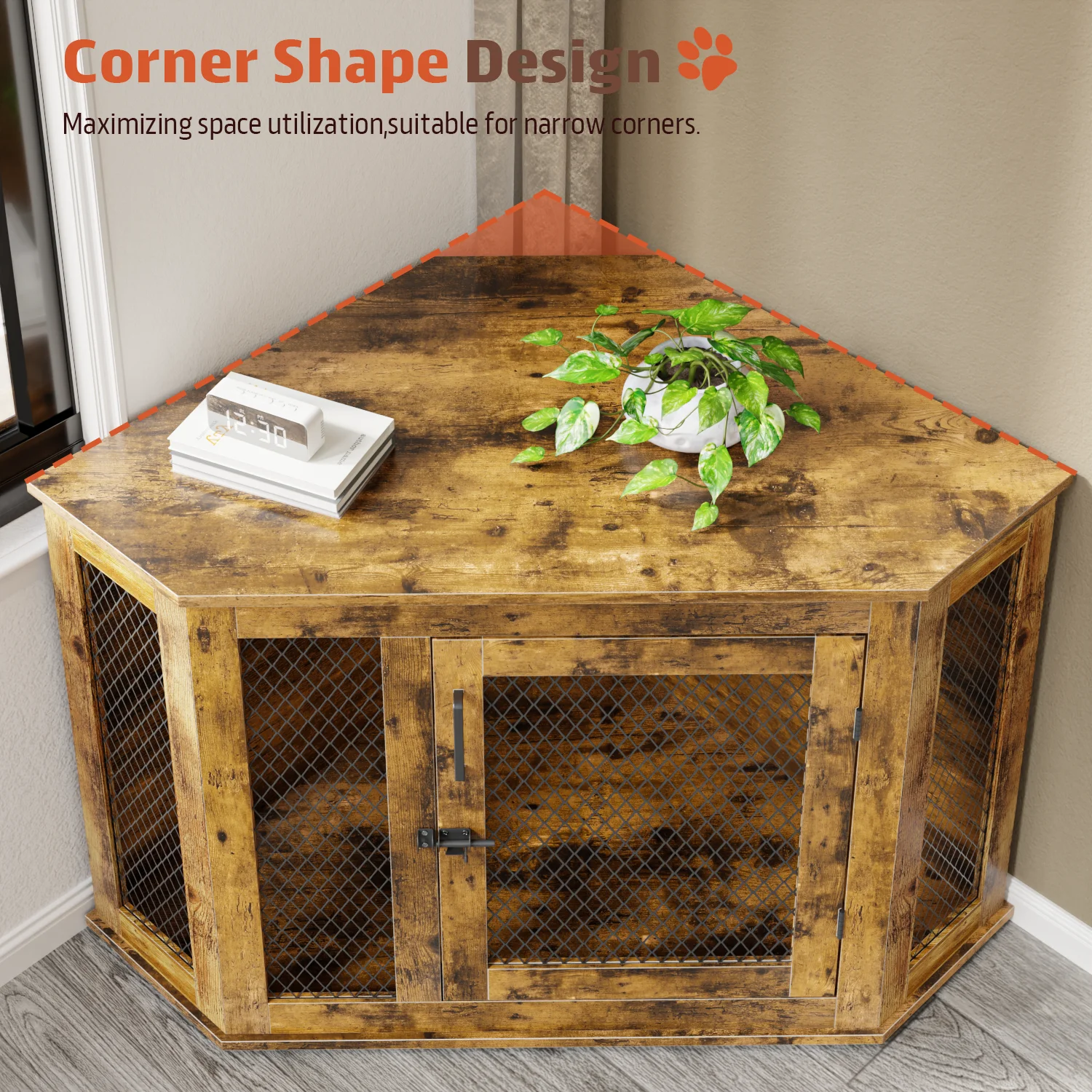 Bossin 44"Corner Dog Crate Furniture，Wooden Dog Kennel Indoor Furniture，Decorative Dog Crate