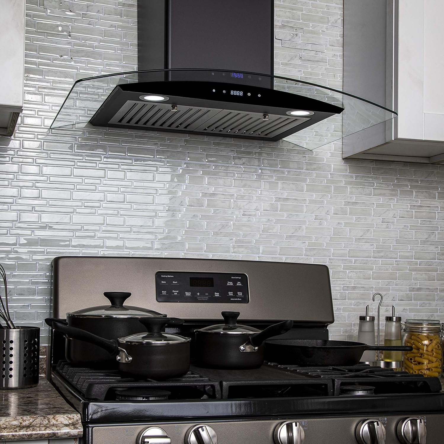 AKDY 217 CFM Convertible Wall Mount Range Hood with Tempered Glass and Carbon Filters in Black Painted Stainless Steel (30 in)