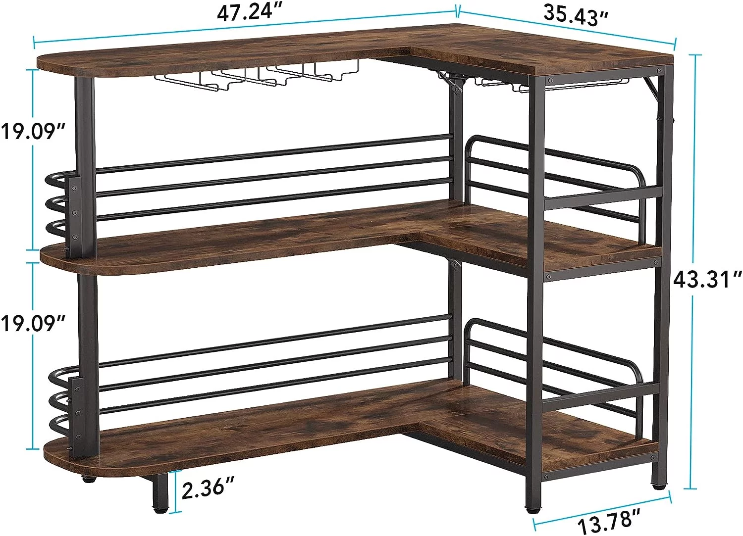 U-SHARE L-Shaped Home Bar Unit, 3 Tier Liquor Bar Table with Storage Shelves and Wine Glasses Holder