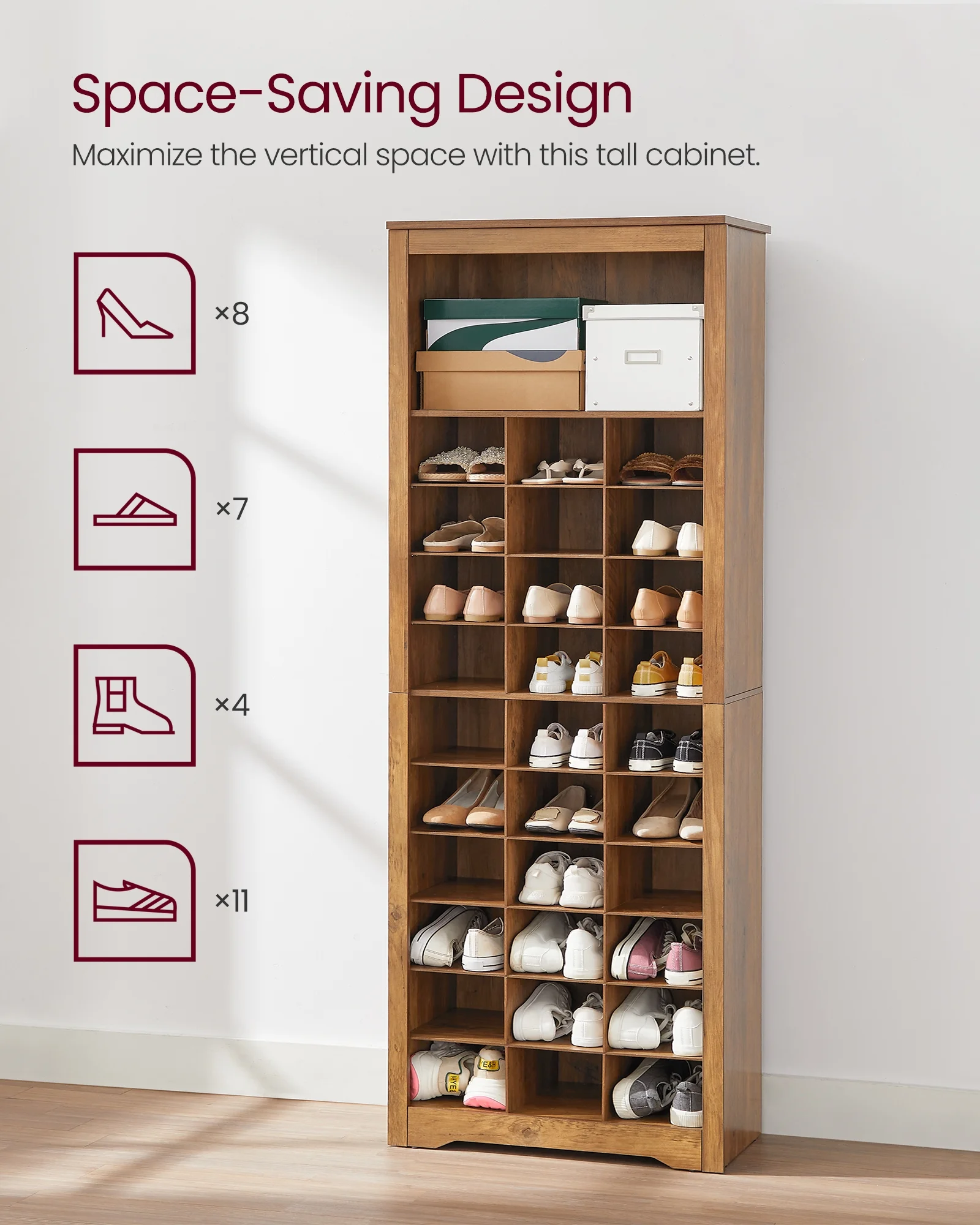 VASAGLE 10-Tier Shoe Storage Cabinet, Holds 30 Pairs, Space-Saving Shoe Rack Organizer - Rustic Walnut