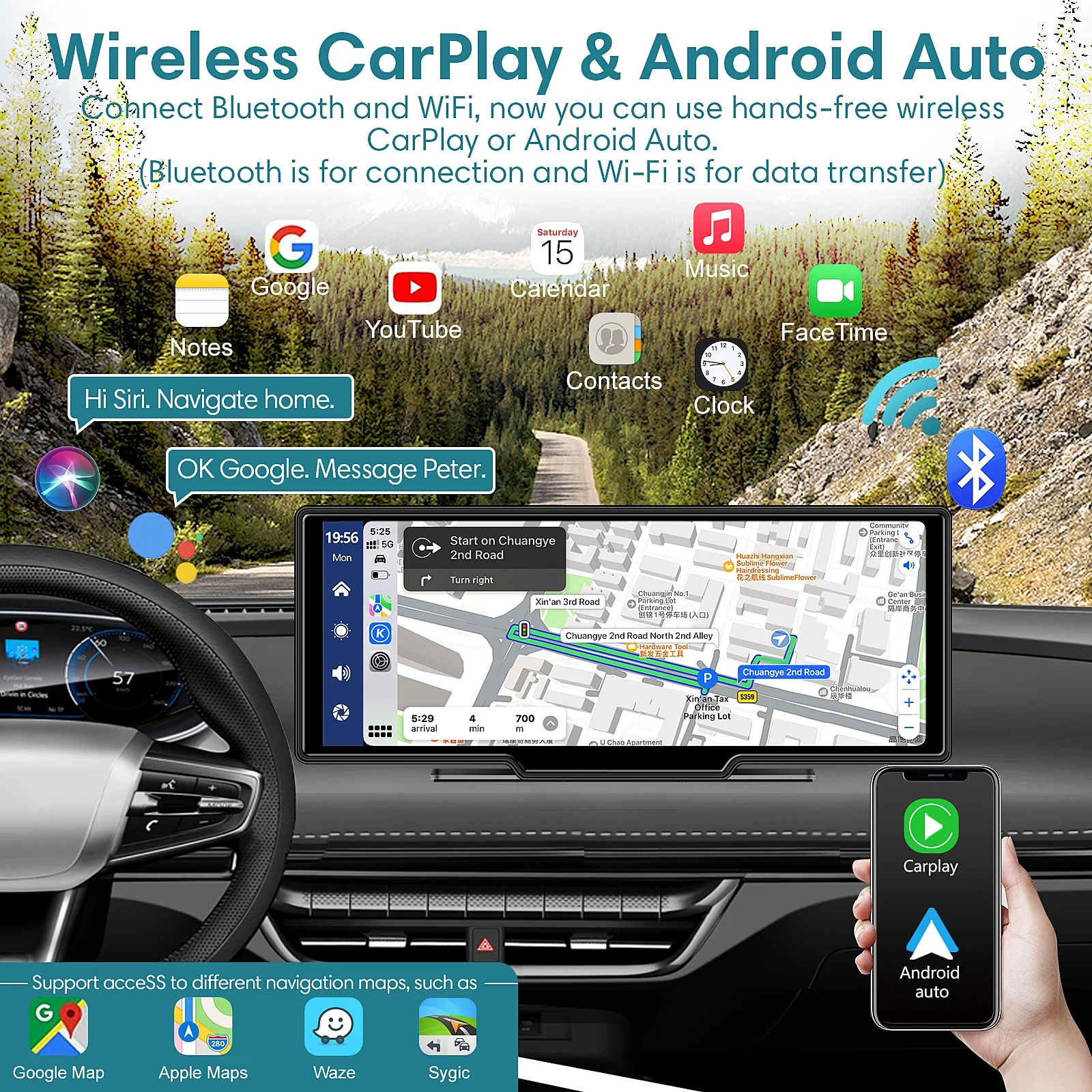Wireless Carplay Screen for Car, 2.5K Dash Cam, 64G SD Card, Backup Camera, Bluetooth, GPS Navigation, Android Auto, 9.3" Portable Car Stereo