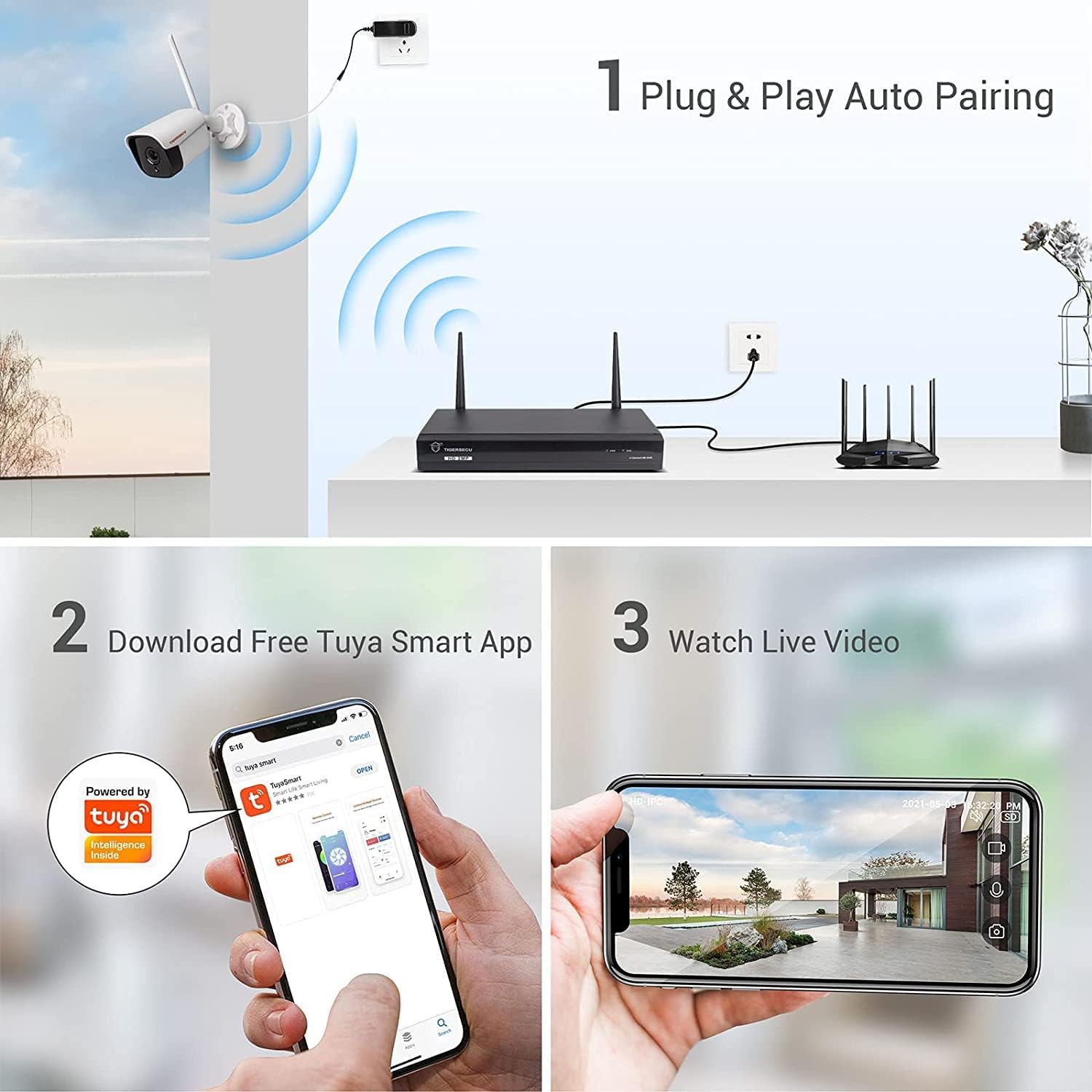 TIGERSECU 1080P WiFi NVR Security Camera System with Two Way Audio, 1TB Hard Drive