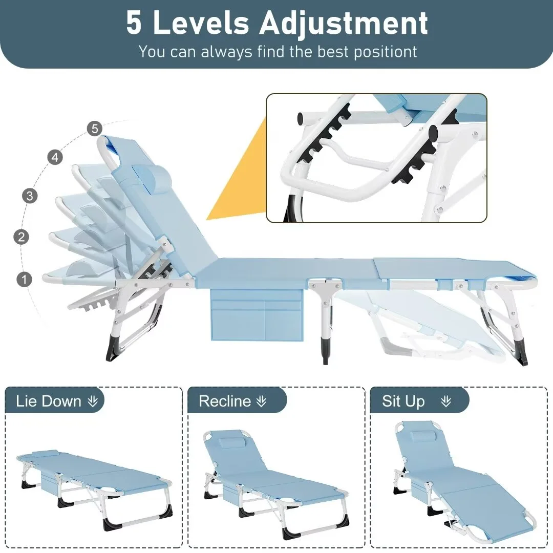 Docred Lounge Chair for Outdoor,Adjustable 5-Position Folding Chaise Lounge Chairs W/Face & Arm Holes