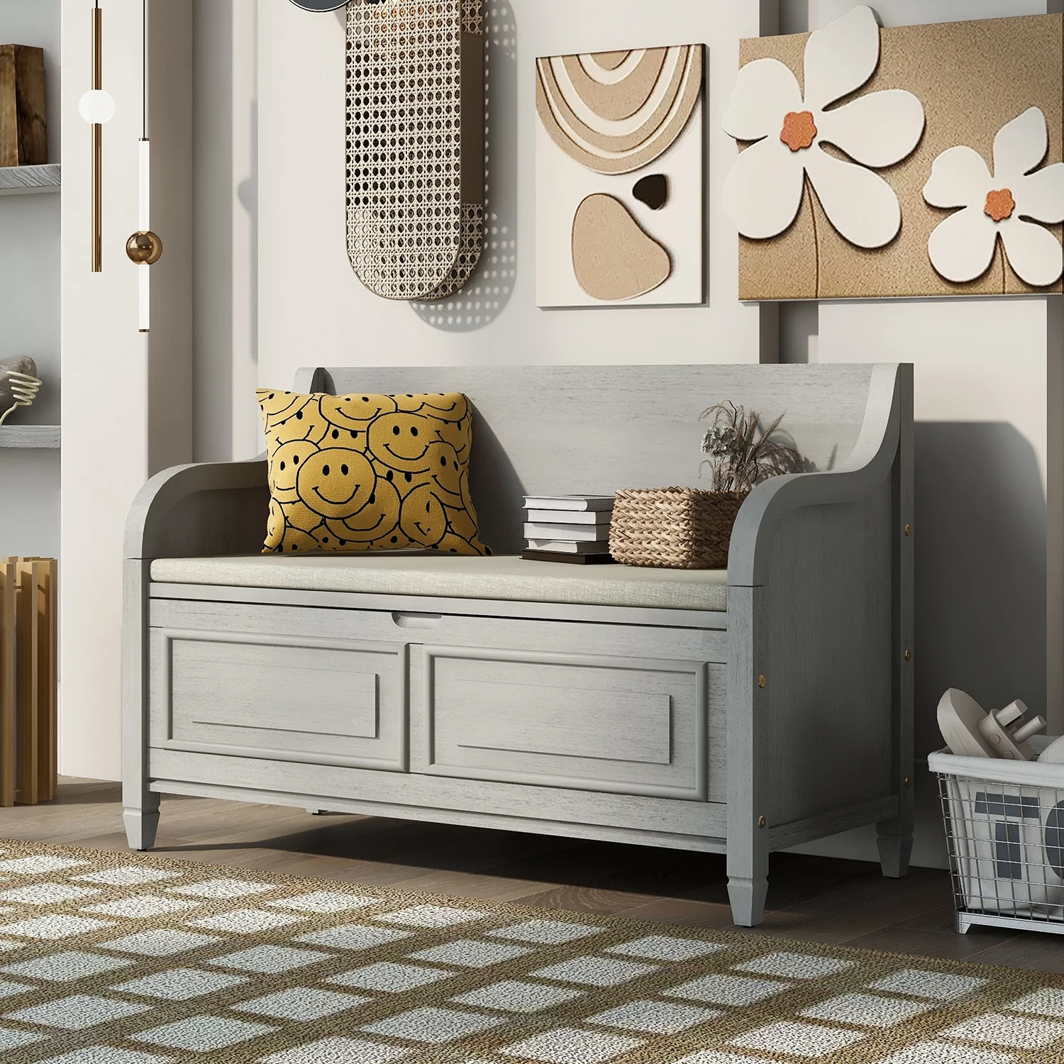 Churanty Rustic Solid Wood Entryway Storage Bench with Removable Cushion Shoe Bench for Living Room,Gray Wash