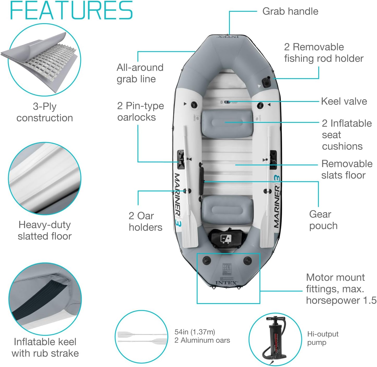 INTEX 68376EP Mariner 4 Inflatable Boat Set: Includes Deluxe 54in Aluminum Oars and High-Output Pump &ndash; SuperTough PVC &ndash