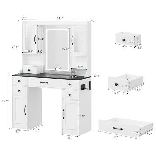 NUNU LAB 42 Inchs Large Vanity Desk with Mirror and Lights with 6 Drawers and 4 Cabinets, Big Women Makeup Table with Power Outlet
