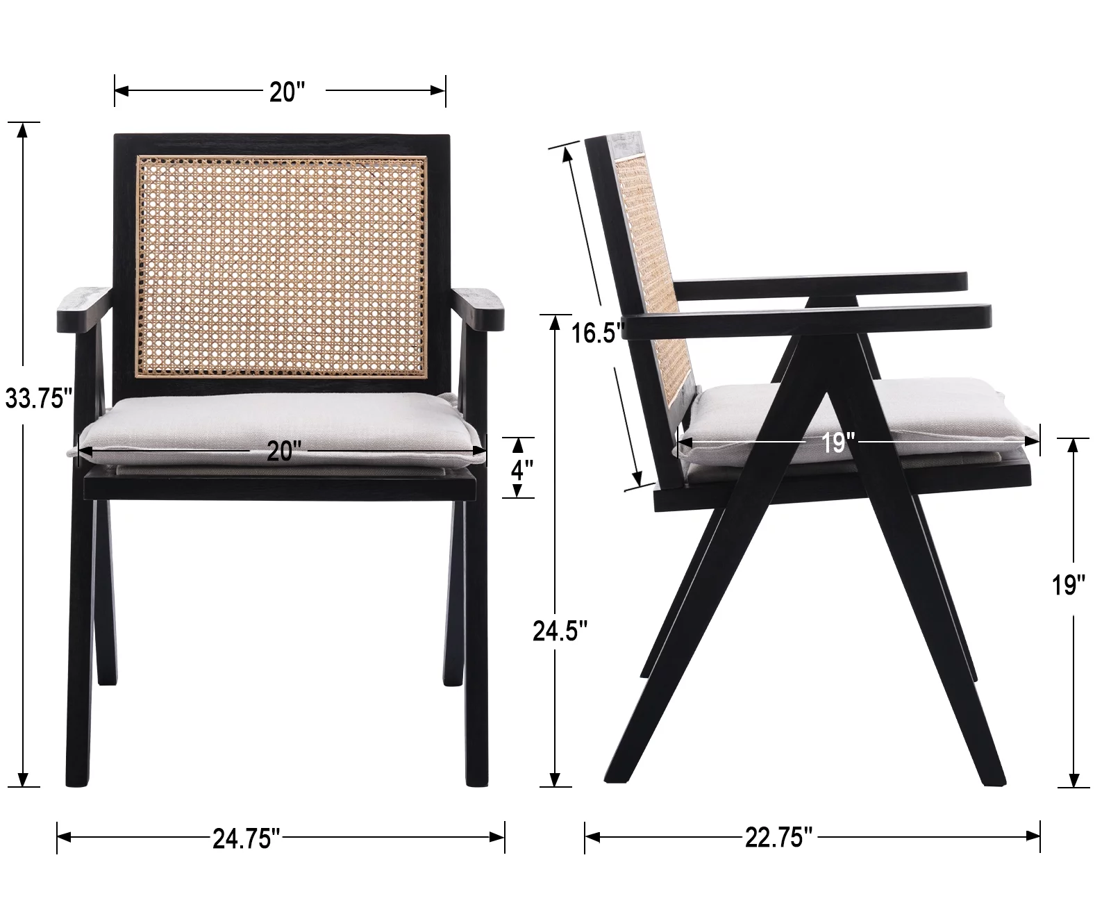 Guyou Modern Rattan Dining Chair Set of 2, Mid-century French Farmhouse Upholstered Solid Wood Armchair Reading Chair
