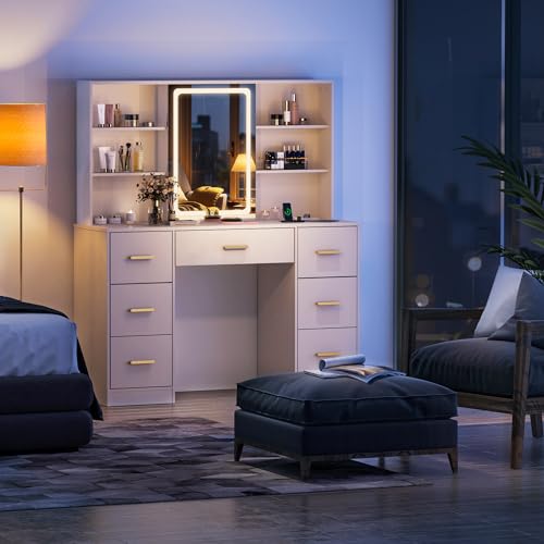 47'' Large Vanity Desk with Mirror and Lights, 7 Drawers, 8 Storage Shelves Vanity Table, Big Makeup Vanity Desk with 3 LED Lighting Modes
