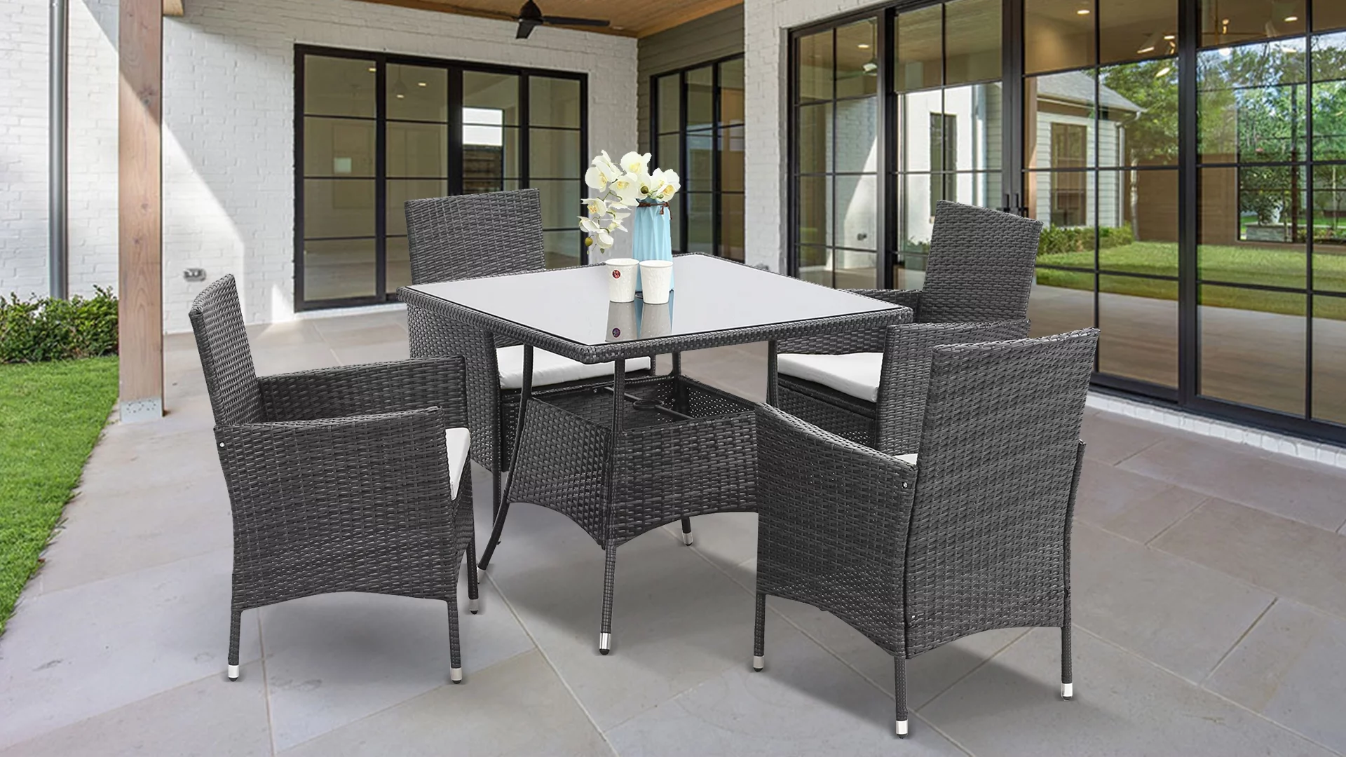 CozyHom 5 Pcs Outdoor Patio Wicker Furniture Dining Table Sets, Sectional Conversation Glass Dining Table Chairs Set for 4 with Umbrella Hole, Grey