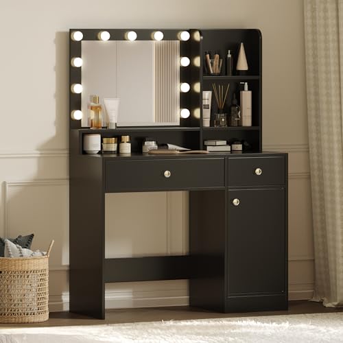 Vanity Desk with Mirror and Lights, Diamond Edition Vanity Desk, Makeup Vanity Table with 3 Drawers & 5 Open Shelves