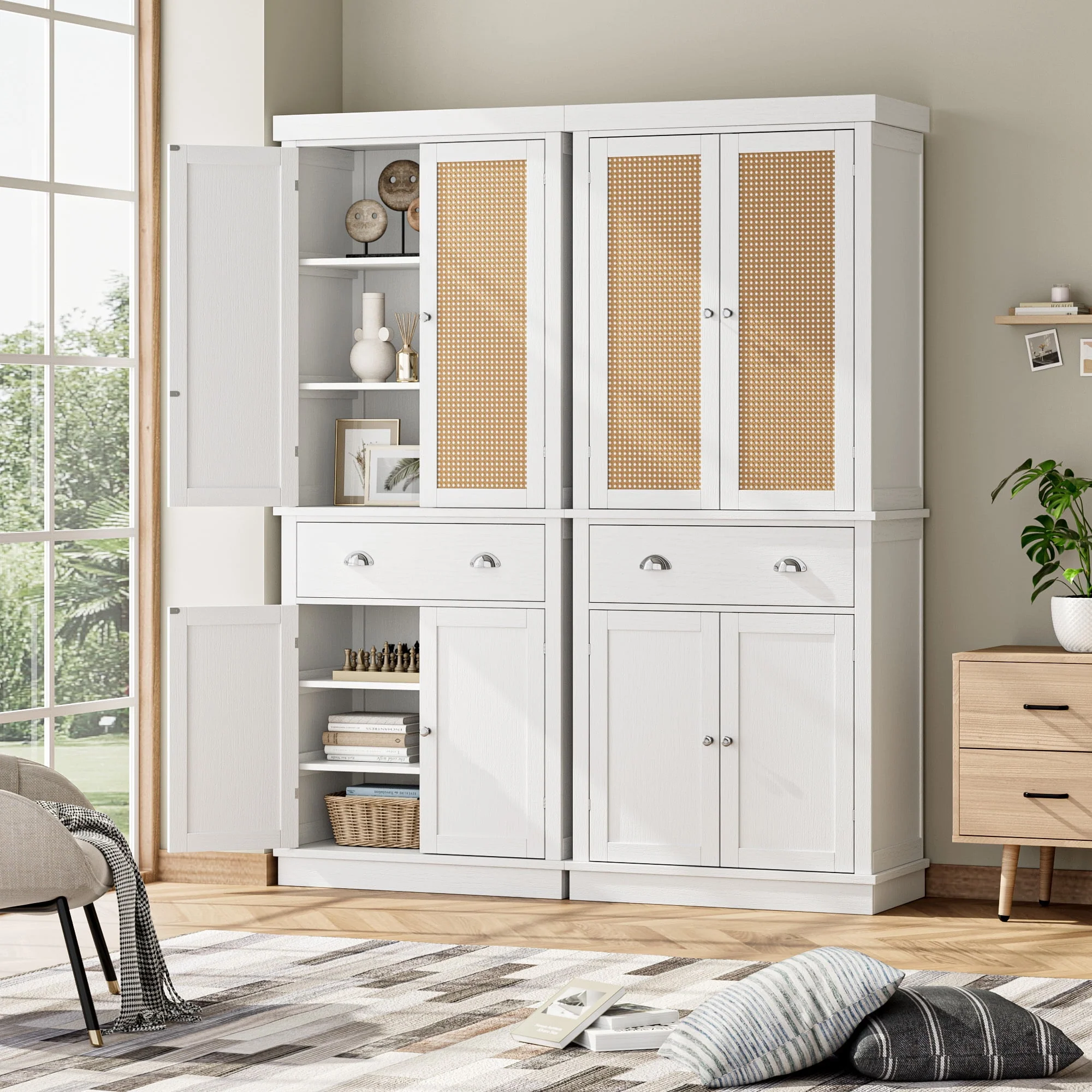 Homfa 72.4'' Tall Kitchen Pantry with 4 Doors, Large Drawer Shelves Wood Storage Cabinet for Dining Room Living Room, White