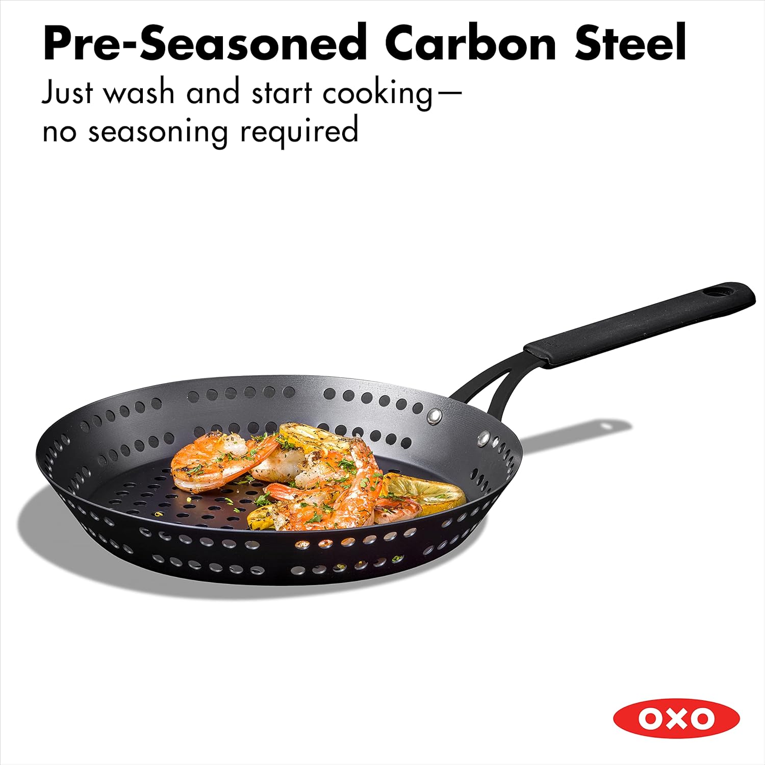 OXO Obsidian Pre-Seasoned Carbon Steel Induction Safe 12 Wok with Helper Handle and Silicone Sleeve, Black