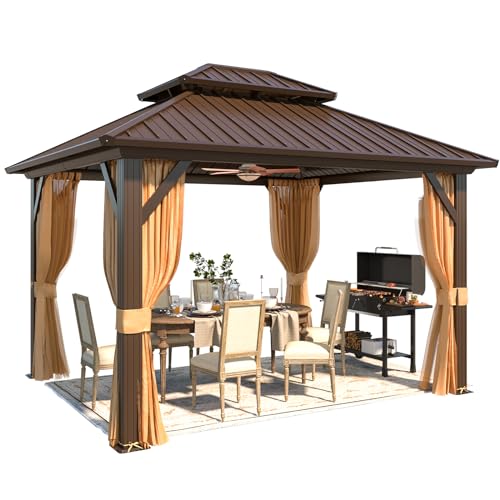 YOLENY 10' x 12' Hardtop Gazebo, Metal Gazebo with Aluminum Frame, Double Galvanized Steel Roof, Curtains and Netting Included