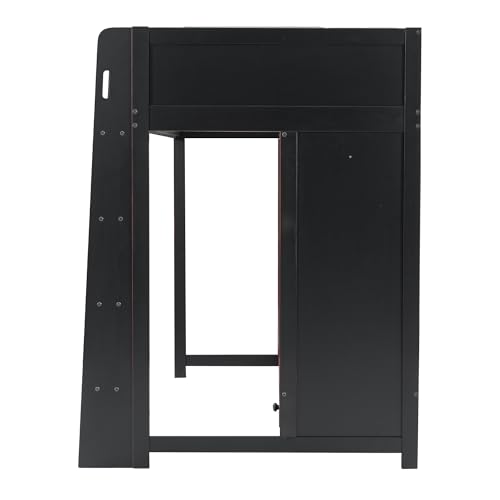 Modern Full Size Gaming Loft Bed with Built-in Desk and Storage Wardrobe, Wood Loft Bed Frame with Light Strip and 2 Drawers