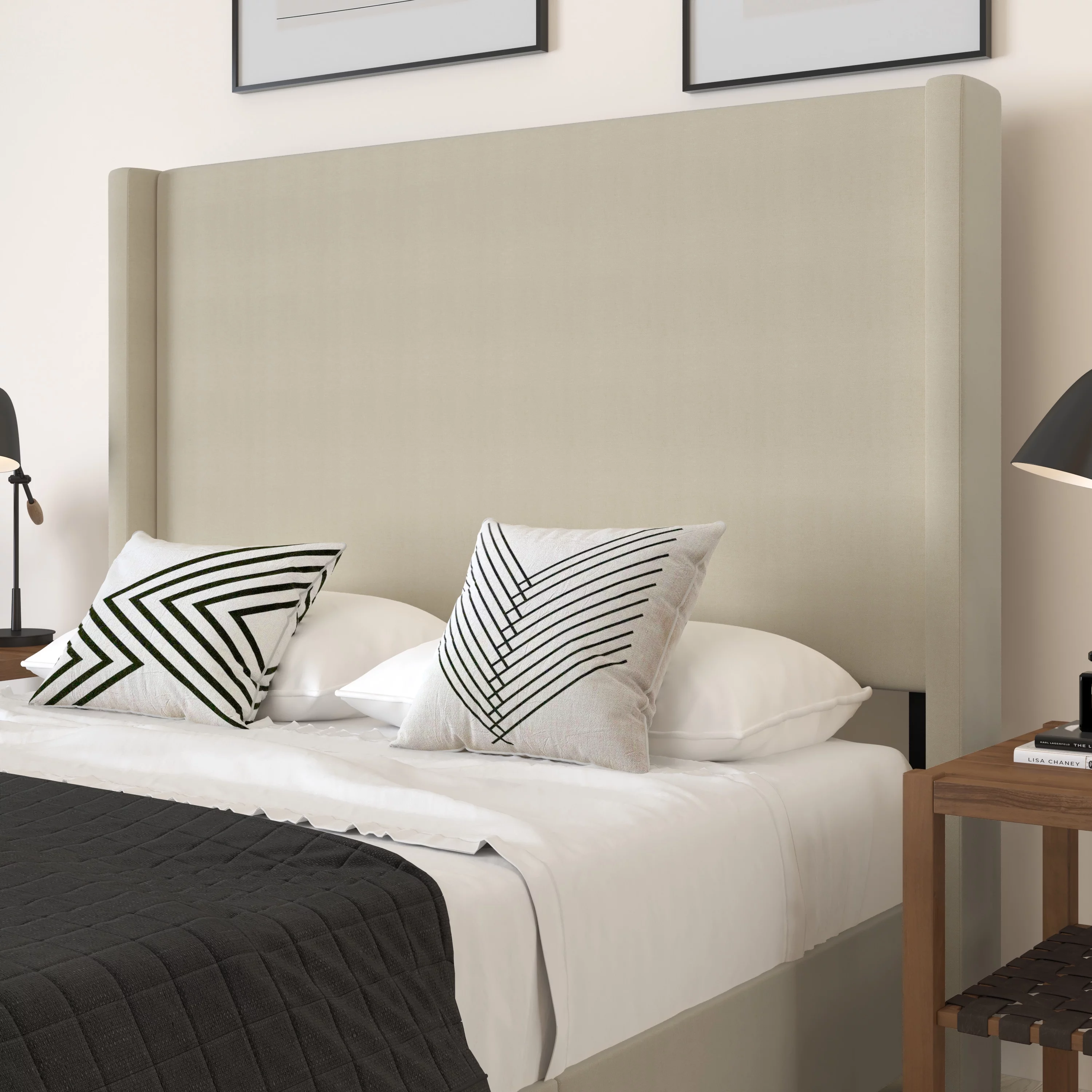 Merrick Lane Modern Queen Size Platform Bed Frame with Padded Faux Linen Upholstered Wingback Headboard and Wood Support Slats in Beige