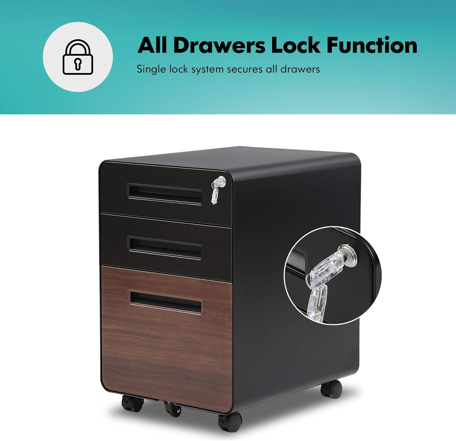 FENGE 3 Drawer Slim Vertical Locking Mobile File Cabinet with Casters Metal Filing Cabinet for Letter/Legal Size FC304001MB