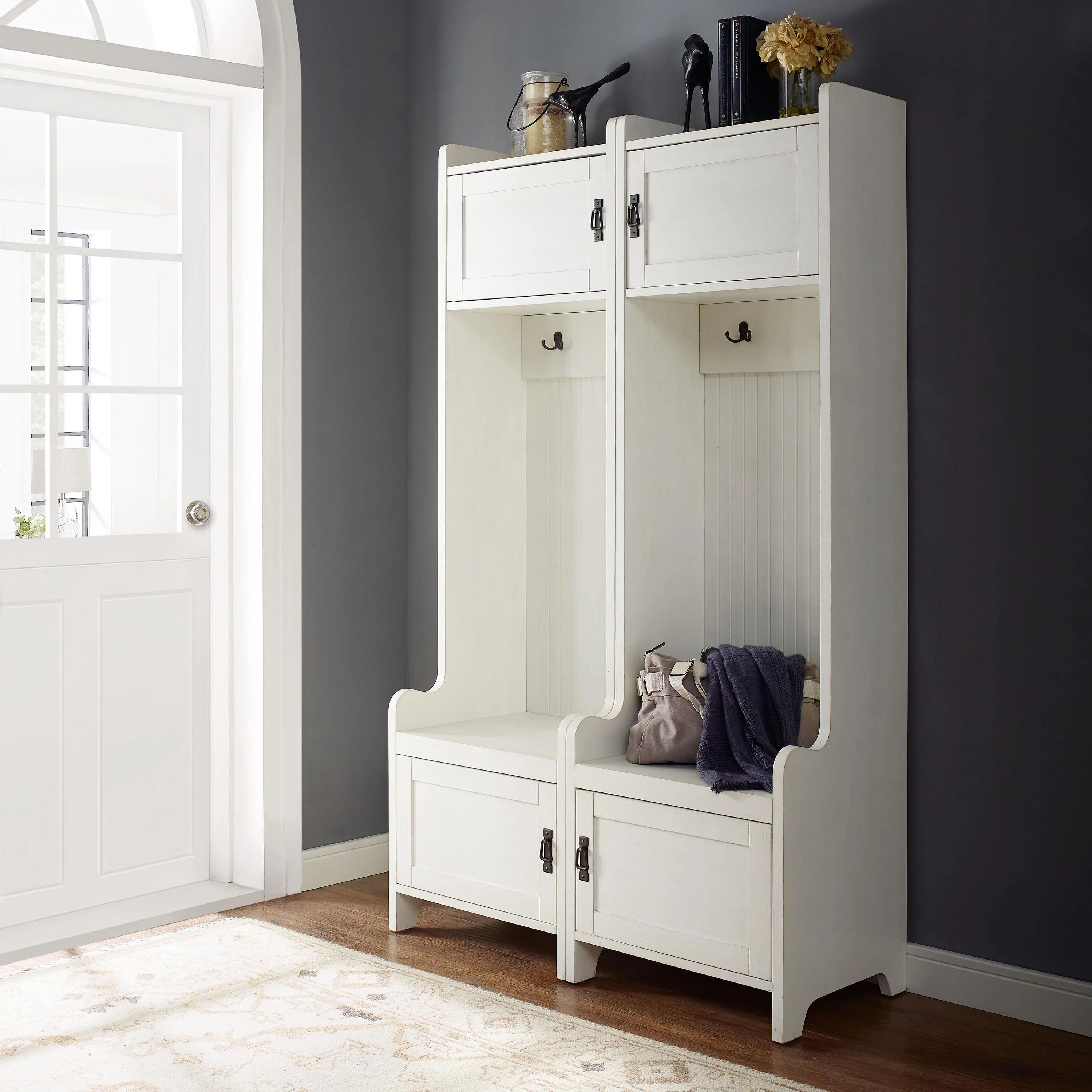 Crosley Furniture Fremont Wood Hall Tree in Distressed White (Set of 2)