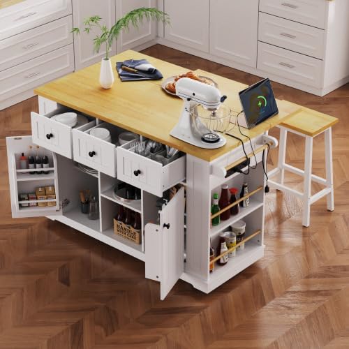 Bellemave Kitchen Island with Storage Cabinet on Wheels, 53.5'' Mobile Kitchen Cart with Power Outlet, Drop Leaf, Spice/Towel Rack and Drawer