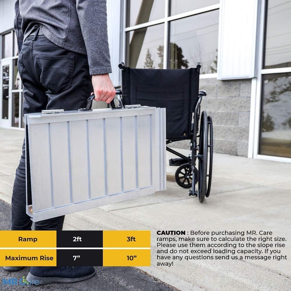 MR CARE Portable Wheelchair Ramp | Lightweight Foldable Ramps for Wheelchairs with Handle | Featuring Unique Yellow Reflective Caution Stickers |