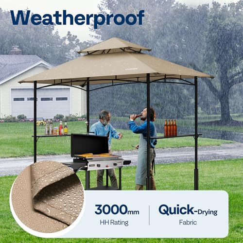 VIVOHOME 8&times;5 ft Grill Gazebo Outdoor BBQ Patio Canopy Tent with Double Tiered Vented Top & 2 Side Shelves, Beige