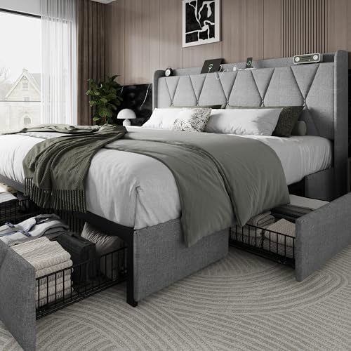 Queen Bed Frame with 4 Storage Drawers and Charging Station, Upholstered Platform Bed Frame with Storage Headboard, No Box Spring Needed