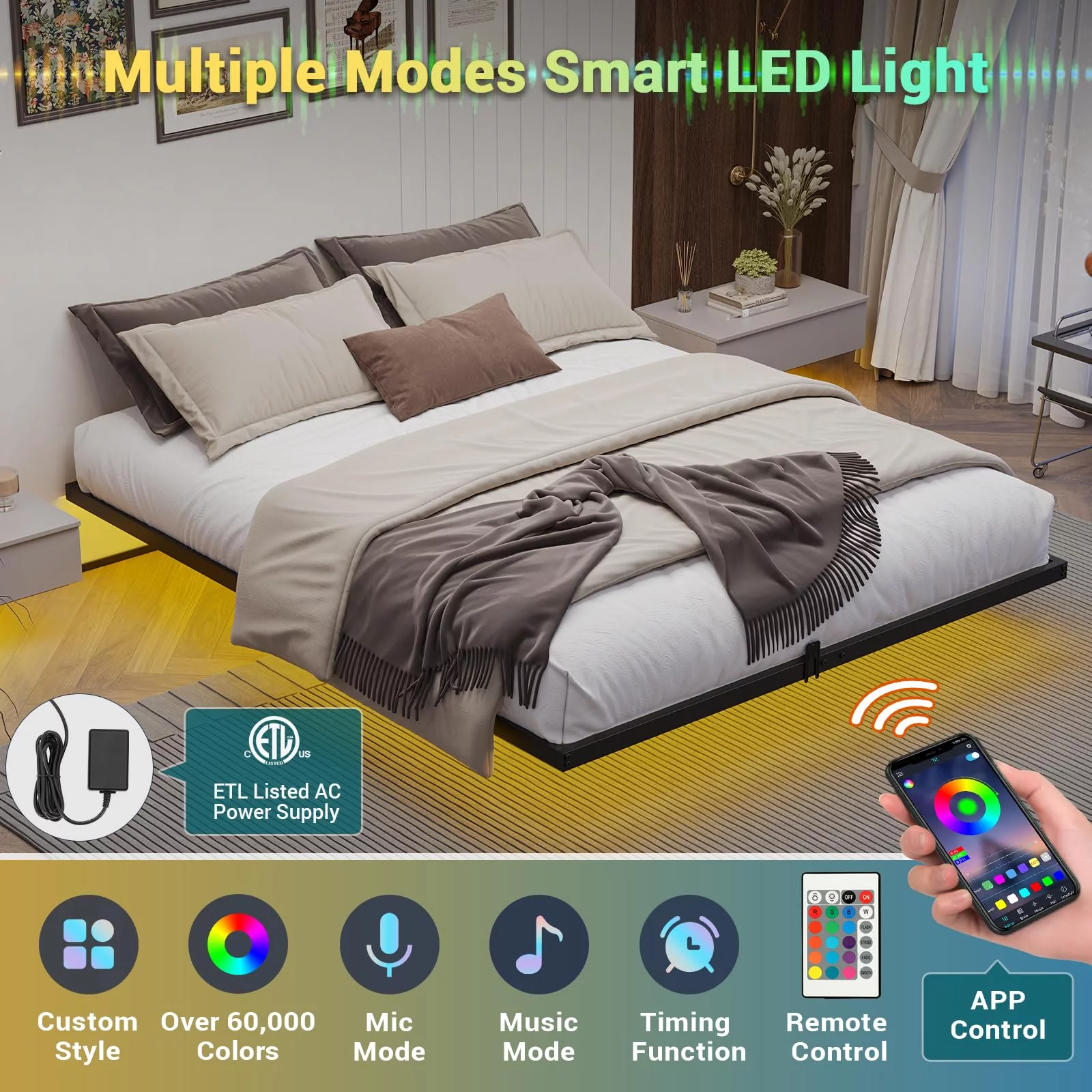 Queen Size Floating Bed Frame with LED Lights, Black Metal Platform Bed, No Box Spring Needed, Easy to Assemble