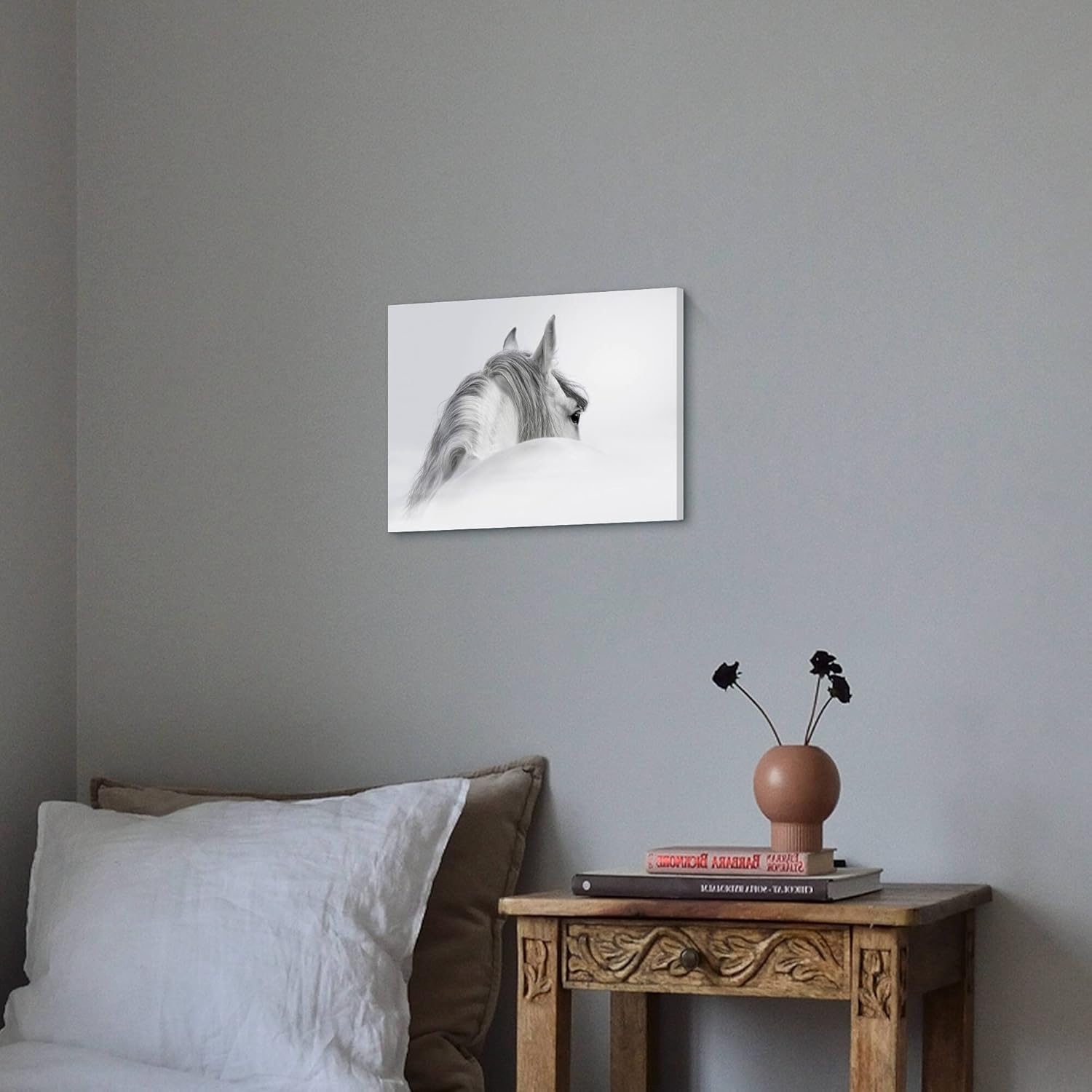 Bedroom Horse Canvas Wall Art: White Pony Picture Equestrian Print Large Modern Animal Portrait Artwork Contemporary Wildlife Painting for Bathroom