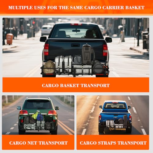 Hitch Cargo Carrier Basket Combo 60" x 24" x 6" 500 LBS Capacity Vehicle Baskets Fits 2" Receiver with 18.2 Cubic feet Cargo Bag, Hitch Stabilizer