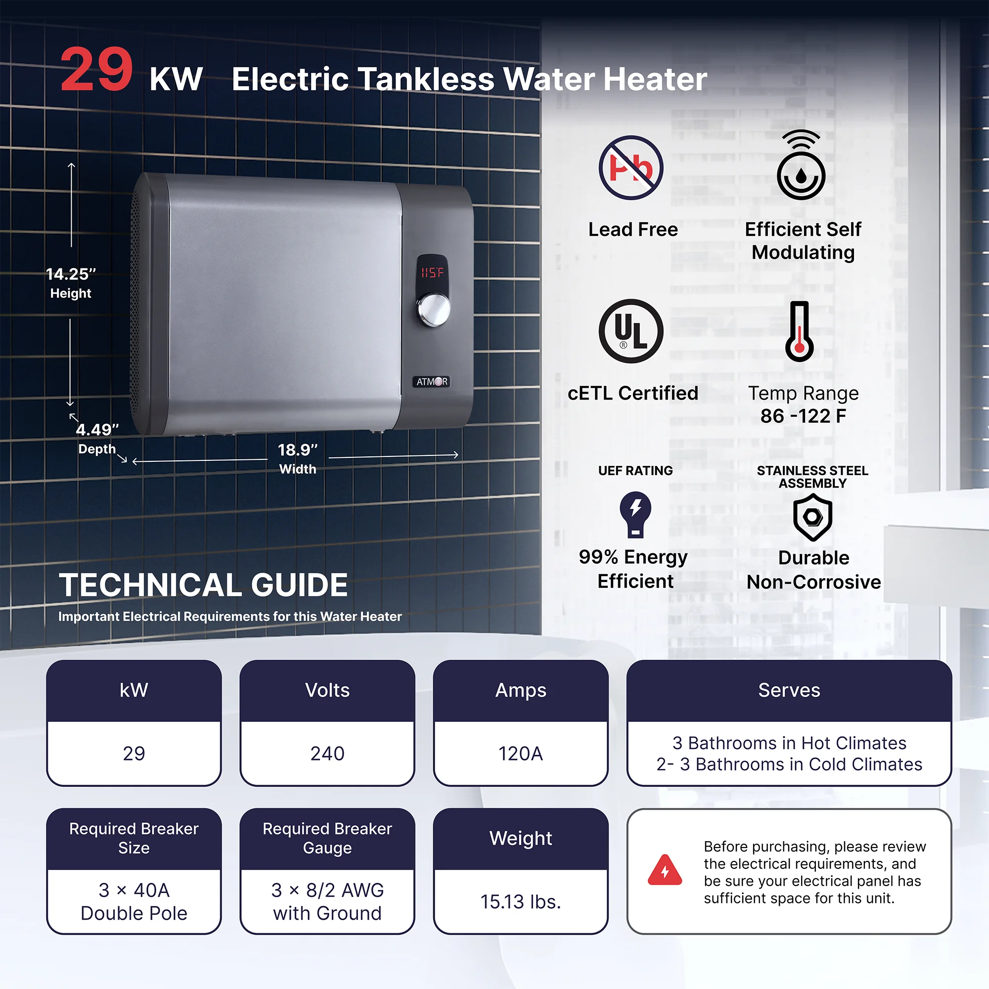 Atmor 29kW 5.4 GPM Electric Tankless Water Heater, ideal for 3 bedroom home, up to 6 simultaneous applications