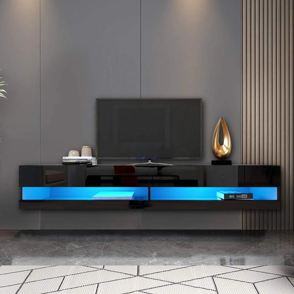Floating LED TV Stand For 80 Inch TV Wood Wall Mounted Entertainment Center With 20 Color Leds,Modern Console Table Storge Shelf For Living Room