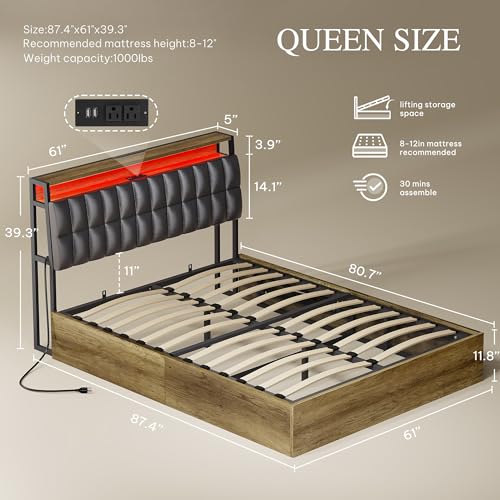 YITAHOME Queen Size Lift Up Bed with Charging Station & RGB LED Lights, PU Leather Upholstered Platform Storage Bookcase Headboard Bed