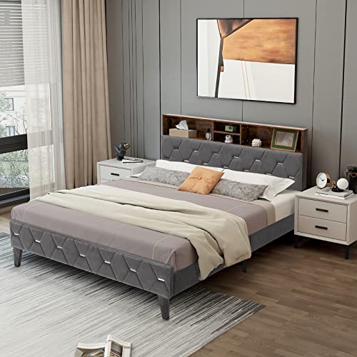 Giantex Queen Size Bed Frame with Storage Headboard, Modern Upholstered Platform Bed w/ 4 Storage Shelves & Hidden Space, Mattress Foundation