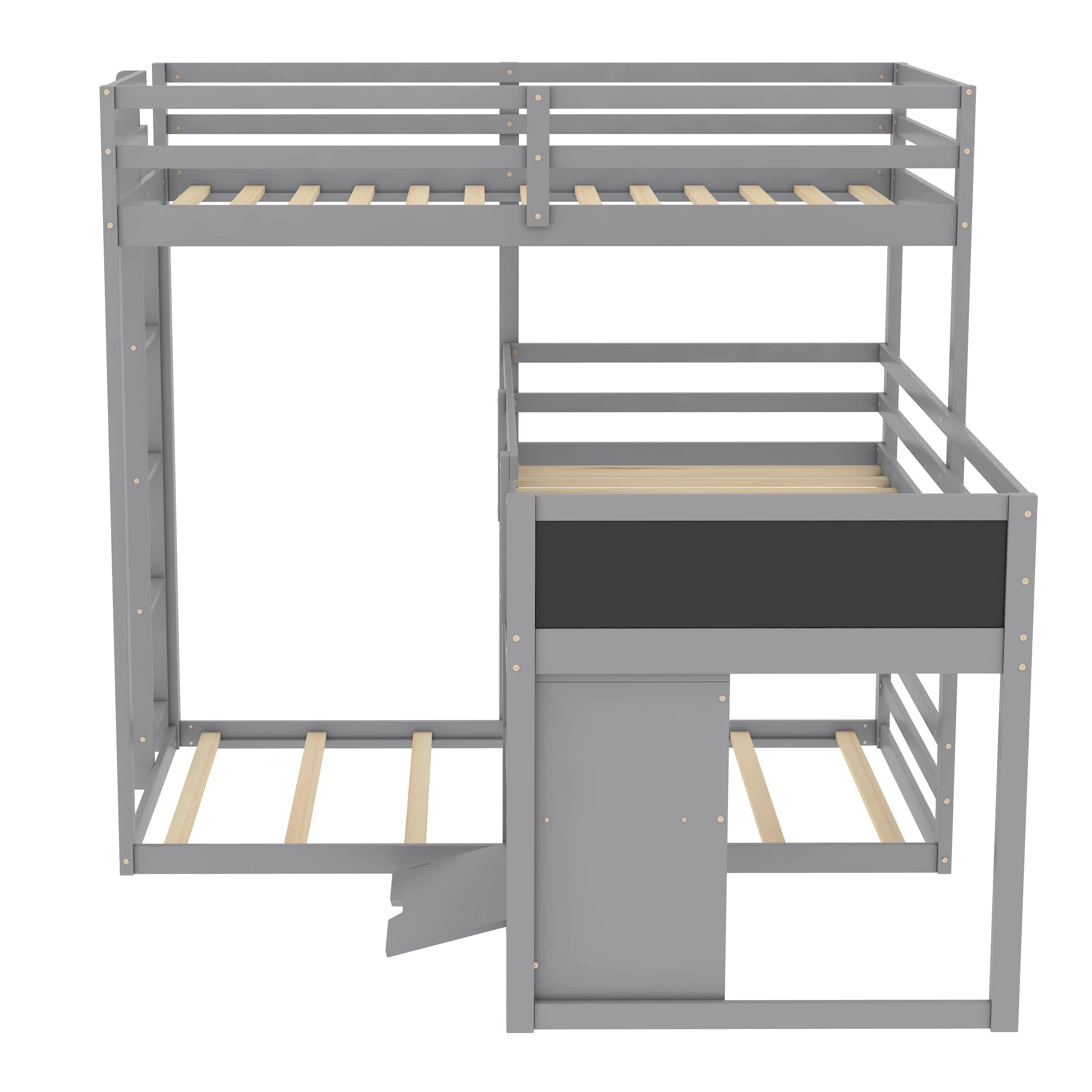 L-shaped Wood Triple Twin Size Bunk Bed with Storage Cabinet and Blackboard, Ladder - Curated Treasures Market