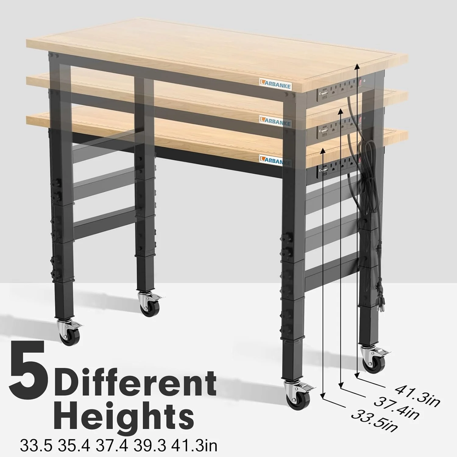 LARBANKE 48" Heavy-Duty Garage Workbench,Rubber Wood Workbench has Adjustable 5 Different Heights,Hardwood Worktable Weight Capacity Over 2000 Lbs