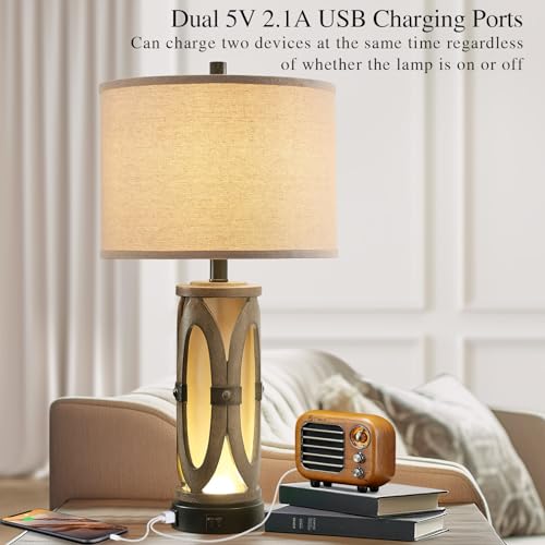Table lamps for Living Room Set of 2, Rustic Farmhouse Nightstand Lamp with Dual USB Ports