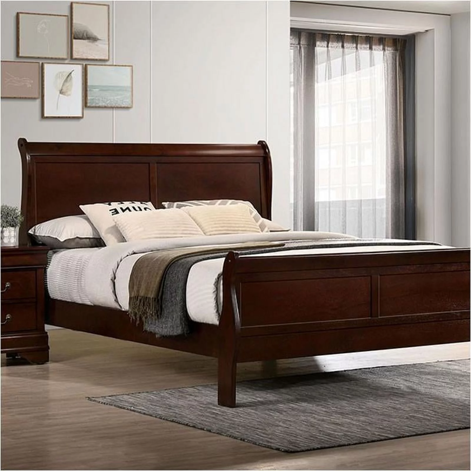 CoSoTower Queen Size Bed Cherry Louis Phillipe Solidwood 1Pc Bed Bedroom Sleigh Bed Bedroom Furniture